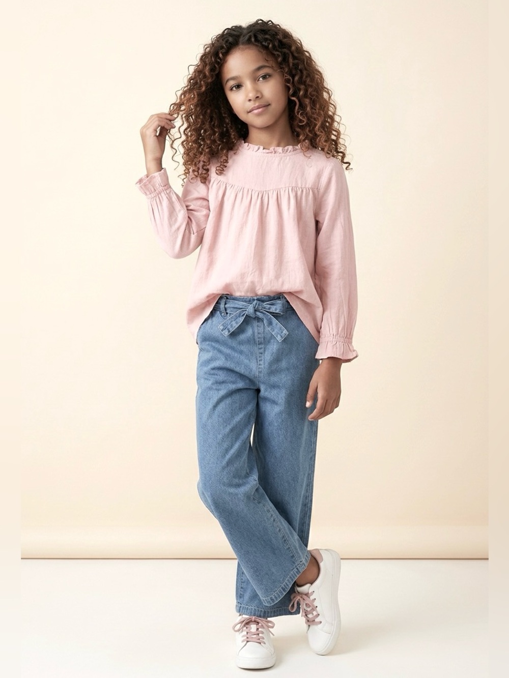 Viyoo 2-piece Set Girl’s 8 M wide leg jeans blue denim pants pink ruffle blouse